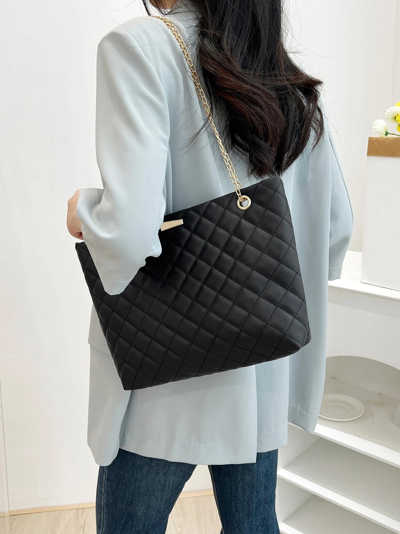 Quilted Embroidery See-Through Tote Bag with Large Capacity School Bag, Back to School, Large Capacity, Portable, Suitable for Teen Girls Women College Students, Perfect for Back to School, College, Elementary School, Middle School, High School, Shopping, Holiday